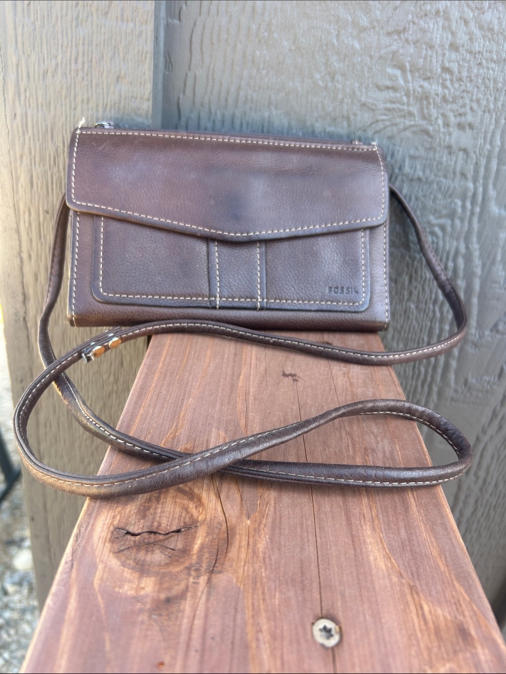 Fossil Dark Brown Leather Crossbody Wallet Purse